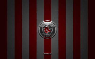 logo des red sox de boston, club de baseball américain, mlb, fond de carbone blanc rouge, emblème des red sox de boston, baseball, red sox de boston, états-unis, major league baseball, logo en métal argenté des red sox de boston