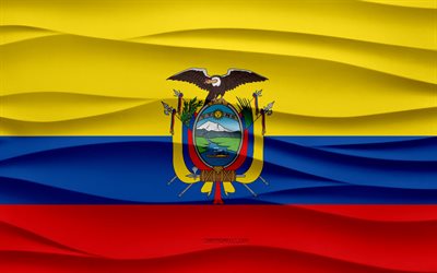 4k, 에콰도르의 국기, 3d 파도 석고 배경, 에콰도르 국기, 3d 파도 텍스처, 에콰도르 국가 상징, 에콰도르의 날, 남미 국가, 3차원, 에콰도르, 기, 남아메리카