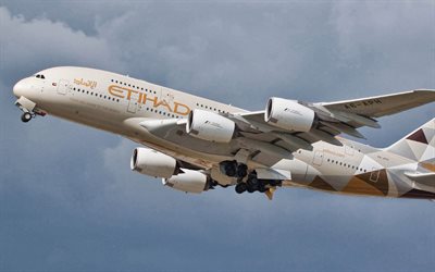 Airbus A380, passenger aircraft, Etihad Airways, A380 in the sky, passenger transportation, air travel, Airbus