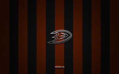 Anaheim Ducks logo, american hockey team, NHL, orange black carbon background, Anaheim Ducks emblem, hockey, Anaheim Ducks silver metal logo, Anaheim Ducks
