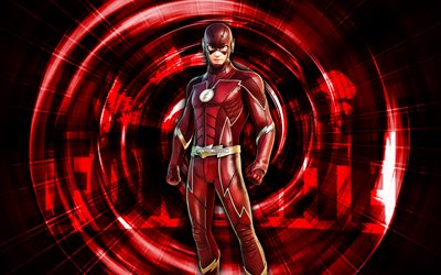 le flash, 4k, fond abstrait rouge, fortnite, rayons abstraits, le flash de la peau, fortnite le flash de la peau, les personnages de fortnite, le flash fortnite