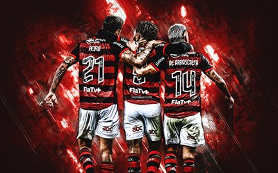 Flamengo, Giorgian De Arrascaeta, Pedro Guilherme, Gabriel Barbosa, red stone background, Serie A, Brazil, Clube de Regatas do Flamengo