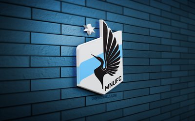 minnesota united 3d-logo, 4k, blaue ziegelwand, mls, fußball, amerikanischer fußballverein, minnesota united-logo, minnesota united, sportlogo, minnesota united fc