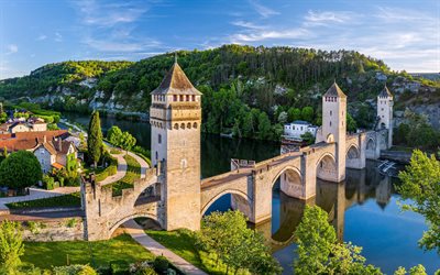 Valentre Bridge, 4k, summer, french landmarks, Cahors, France, Europe, Cahors panorama, french cities, Cahors cityscape