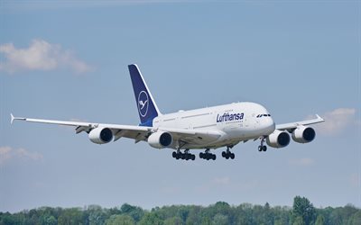 4k, Airbus A380, passenger plane, Lufthansa, plane landing, A380 in the sky, air travel, passenger transportation, Airbus