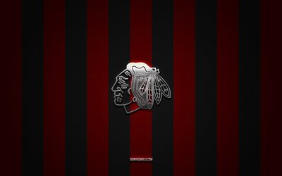 logotipo de los chicago blackhawks, equipo de hockey americano, nhl, fondo de carbono negro rojo, emblema de los chicago blackhawks, hockey, logotipo de metal plateado de los chicago blackhawks, chicago blackhawks