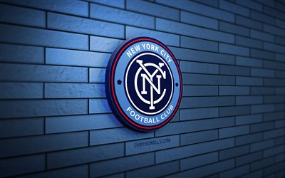new york city fc 3d-logo, 4k, blaue ziegelwand, mls, fußball, amerikanischer fußballverein, new york city fc-logo, sportlogo, new york city fc