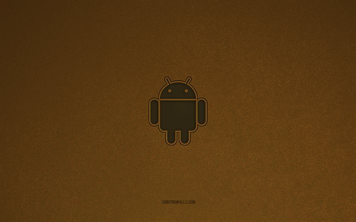 android-logo, 4k, computerlogos, android-emblem, braune steinstruktur, android, technologiemarken, android-zeichen, brauner steinhintergrund