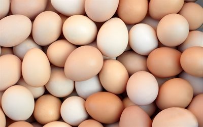 huevos de gallina, 4k, comida sana, macro, productos alimenticios, montaña de huevos, bandeja de huevos, primer plano, texturas de huevos, huevos