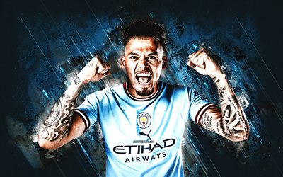 Kalvin Phillips, Manchester City FC, English football player, portrait, blue stone background, Premier League, England