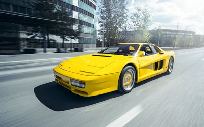 Gemballa Ferrari Testarossa, motion blur, 1987 cars, supercars, tuning, retro cars, 1987 Ferrari Testarossa, Yellow Ferrari Testarossa, italian cars, Ferrari