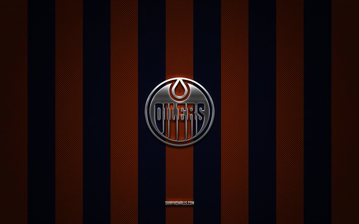 Edmonton Oilers logo, american hockey team, NHL, orange black carbon background, Edmonton Oilers emblem, hockey, Edmonton Oilers silver metal logo, Edmonton Oilers