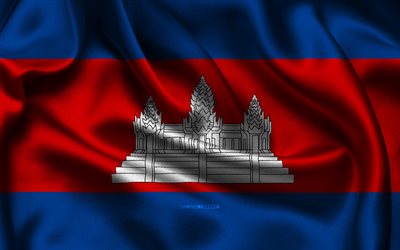Cambodia flag, 4K, Asian countries, satin flags, flag of Cambodia, Day of Cambodia, wavy satin flags, Cambodian flag, Cambodian national symbols, Asia, Cambodia
