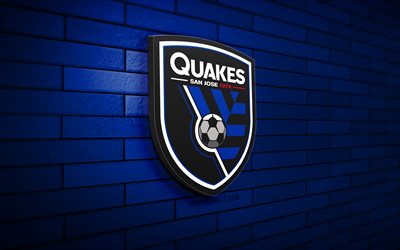San Jose Earthquakes 3D logo, 4K, blue brickwall, MLS, soccer, american soccer club, San Jose Earthquakes logo, football, San Jose Earthquakes, sports logo, San Jose Earthquakes FC