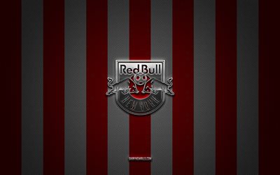 logo dei new york red bulls, squadra di calcio americana, mls, sfondo rosso bianco carbonio, emblema dei new york red bulls, calcio, new york red bulls, usa, major league soccer, logo in metallo argento dei new york red bulls