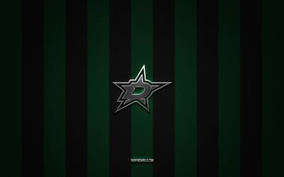 Dallas Stars logo, american football team, NFL, green black carbon background, Dallas Stars emblem, american football, Dallas Stars silver metal logo, Dallas Stars