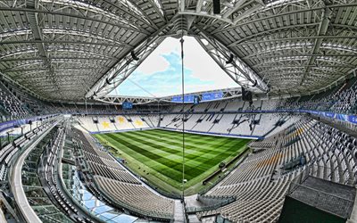 Juventus Stadium, 4k, inside view, football field, white stands, Allianz Stadium, Juventus FC, Turin, Italy, football