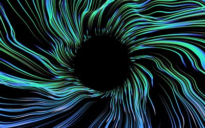 vortex abstrait bleu, 4k, créatif, cercle noir, bleu abstrait vagues, trou noir, milieux abstraits