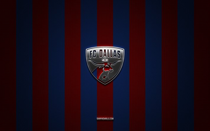 FC Dallas logo, American soccer club, MLS, blue red carbon background, FC Dallas emblem, soccer, FC Dallas, USA, Major League Soccer, FC Dallas silver metal logo