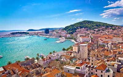 Split, 4k, summer travel, croatian cities, cityscapes, HDR, Croatia, Europe, Split panorama, summer, Dalmatia, coast, sea, Split cityscape