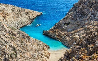 Seitan Limania, 4k, paradise, harbor, coast, cliffs, Stephans Beach, Chania, Crete, Greece, Europe, HDR, greek landmarks, sea