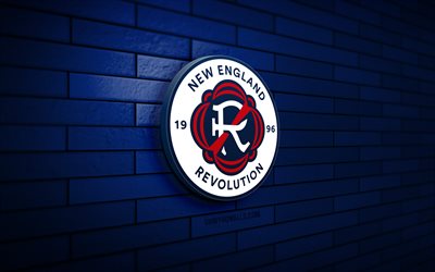 New England Revolution 3D logo, 4K, blue brickwall, MLS, soccer, american soccer club, New England Revolution logo, football, New England Revolution, sports logo, New England Revolution FC