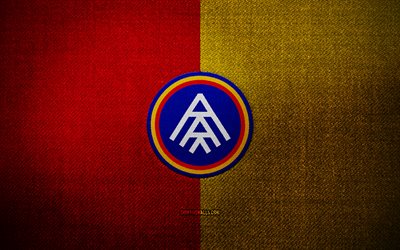 FC Andorra badge, 4k, red yellow fabric background, LaLiga2, FC Andorra logo, FC Andorra emblem, sports logo, FC Andorra flag, spanish football club, FC Andorra, La Liga 2, soccer, football, Andorra FC