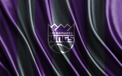 4k, Sacramento Kings, NBA, purple gray silk texture, Sacramento Kings flag, American basketball team, basketball, silk flag, Sacramento Kings emblem, USA, Sacramento Kings badge