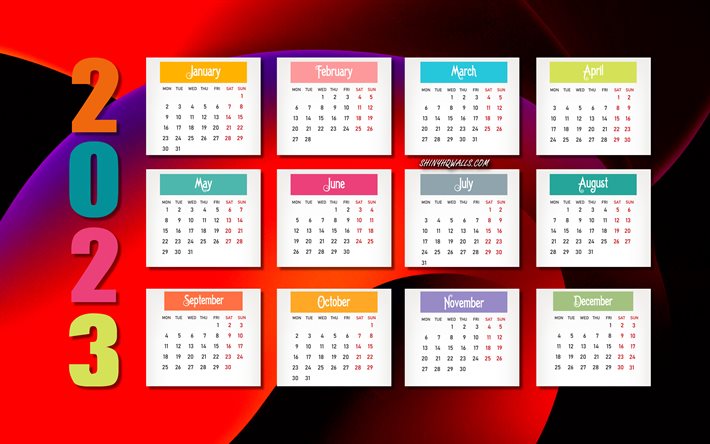 calendário preto vermelho 2023, 4k, todos os meses, calendário 2023, conceitos de 2023, fundo abstrato preto vermelho, 2023 todos os meses calendário, arte abstrata
