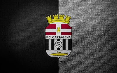 stemma dell'fc cartagena, 4k, sfondo in tessuto bianco nero, la liga2, logo dell'fc cartagena, logo sportivo, bandiera dell'fc cartagena, squadra di calcio spagnola, fc cartagena, la liga 2, calcio, cartagena fc