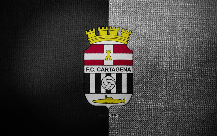 insigne du fc carthagène, 4k, fond de tissu blanc noir, laliga2, logo du fc carthagène, emblème du fc carthagène, logo de sport, drapeau du fc carthagène, club de foot espagnol, fc carthagène, la ligue 2, football