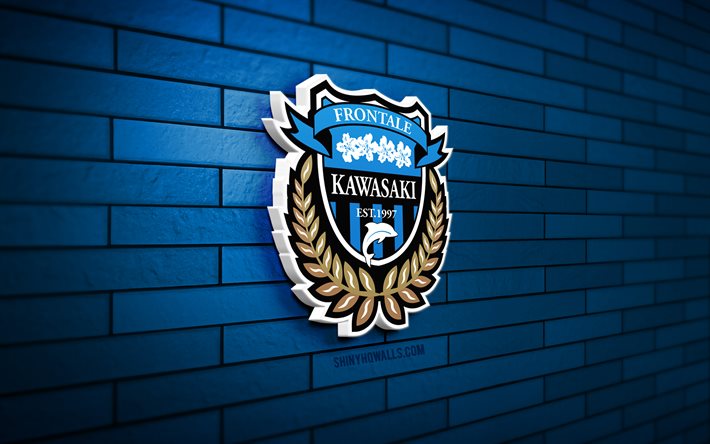 logo kawasaki frontale 3d, 4k, parede de tijolos azul, liga j1, futebol, clube de futebol japonês, logo kawasaki frontale, emblema kawasaki frontale, kawasaki frontale, logotipo esportivo, kawasaki frontale fc