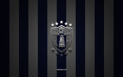 CF Pachuca logo, Mexican football team, Liga MX, blue white carbon background, CF Pachuca emblem, football, CF Pachuca, Mexico, CF Pachuca silver metal logo