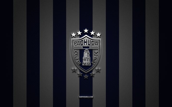 escudo cf pachuca, seleccion mexicana de futbol, liga mx, fondo de carbono blanco azul, fútbol, cf pachuca, méxico, logotipo cf pachuca en metal plateado