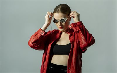 Miranda Solberg, Norwegian singer, portrait, photoshoot, red leather jacket, Norwegian star, popular singers
