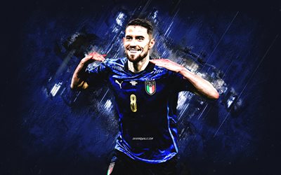 Jorginho, Italy national football team, italian football player, Jorge Luiz Frello Filho, blue stone background, football, Italy