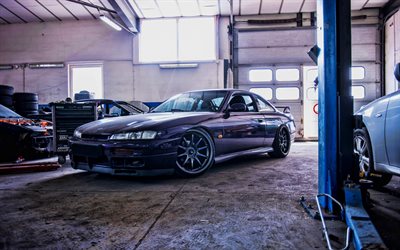Nissan Silvia S14 front view, exterior, purple sports coupe, purple Silvia S14, Silvia S14 tuning, Japanese sports cars, Nissan