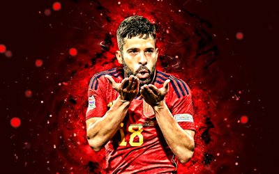Jordi Alba, 4k, red neon lights, Spain National Team, soccer, footballers, red abstract background, spanish football team, Jordi Alba 4K