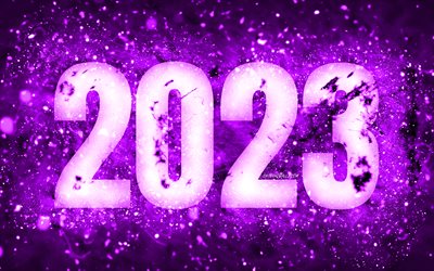 Happy New Year 2023, violet neon lights, 4k, 2023 concepts, 2023 Happy New Year, neon art, creative, 2023 violet background, 2023 year, 2023 violet digits