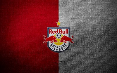 stemma dell'fc red bull salisburgo, 4k, sfondo di tessuto bianco rosso, bundesliga austriaca, logo dell'fc red bull salisburgo, logo sportivo, squadra di calcio austriaca, fc red bull salisburgo, calcio, red bull salisburgo fc