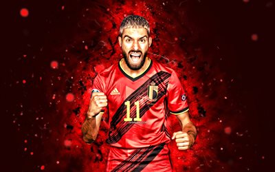 Yannick Carrasco, 4k, red neon lights, Belgium National Team, soccer, footballers, red abstract background, Belgian football team, Yannick Carrasco 4K