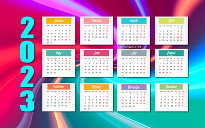 calendario azul púrpura 2023, 4k, todos los meses, calendario 2023, 2023 conceptos, calendario abstracto 2023, fondo abstracto azul púrpura, calendario de todos los meses 2023, arte abstracto