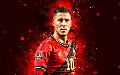 Eden Hazard, 4k, red neon lights, Belgium National Team, soccer, footballers, red abstract background, Belgian football team, Eden Hazard 4K