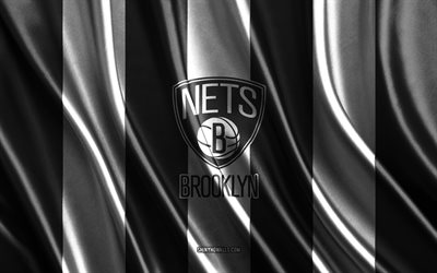 4k, Brooklyn Nets, NBA, black white silk texture, Brooklyn Nets flag, American basketball team, basketball, silk flag, Brooklyn Nets emblem, USA, Brooklyn Nets badge