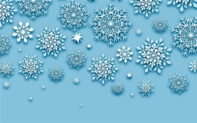 fond d'hiver bleu, fond bleu avec des flocons de neige, l'hiver, fond de flocons de neige, flocons de neige blancs, fond d'hiver
