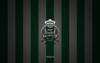 شعار santos laguna, فريق كرة القدم المكسيكي, liga mx, خلفية الكربون الأبيض الأخضر, كرة القدم, سانتوس لاجونا, المكسيك, شعار سانتوس لاجونا المعدني الفضي