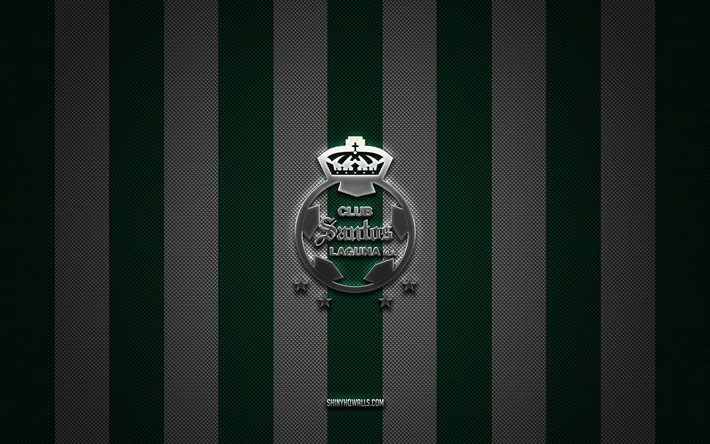 شعار santos laguna, فريق كرة القدم المكسيكي, liga mx, خلفية الكربون الأبيض الأخضر, كرة القدم, سانتوس لاجونا, المكسيك, شعار سانتوس لاجونا المعدني الفضي