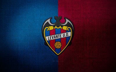 escudo del levante ud, 4k, fondo de tela azul púrpura, laliga2, logotipo deportivo, bandera del levante ud, club de futbol español, levante ud, la liga 2, fútbol, levante fc