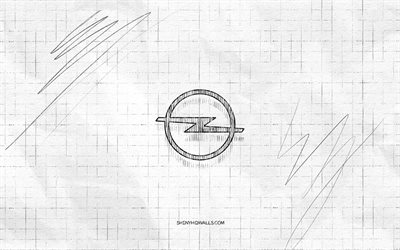 Opel sketch logo, 4K, checkered paper background, Opel black logo, cars brands, logo sketches, Opel logo, pencil drawing, Opel