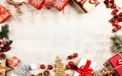 scatole regalo rosse, 4k, buon anno, decorazioni natalizie, cornici di natale, natale, addobbi natalizi, sfondi di natale in legno